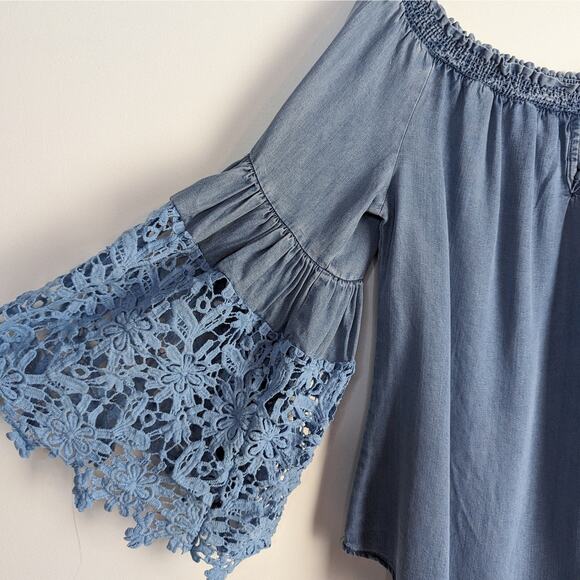 Joseph Ribkoff Blue Off The Shoulder Floral Lace Bell Sleeve Tencel Blouse Sz 12 - Picture 7 of 10